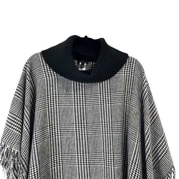 Talbots Houndstooth plaid Poncho Cape Shawl M/L Black White Fringe - Picture 2 of 7